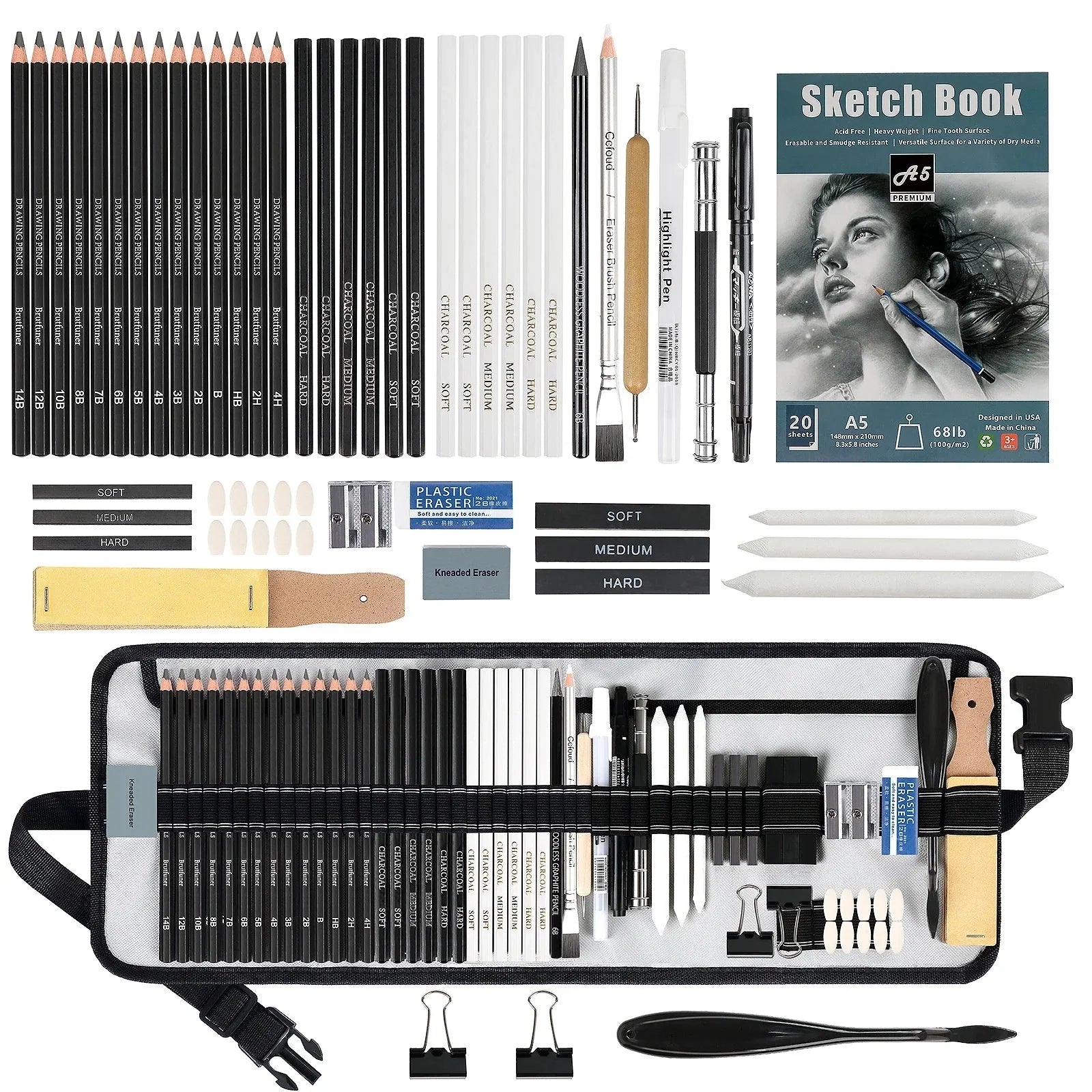 14-60 pcs Drawing Set Sketching Kit - Art Supplies,for Adults Artists with 3-Color Sketchbook,Graphite,Pastel,Charcoal Pencils