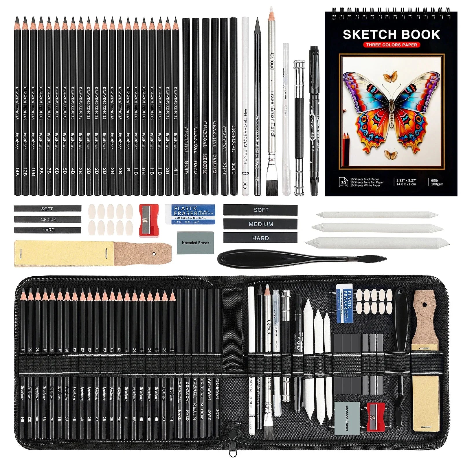 14-60 pcs Drawing Set Sketching Kit - Art Supplies,for Adults Artists with 3-Color Sketchbook,Graphite,Pastel,Charcoal Pencils