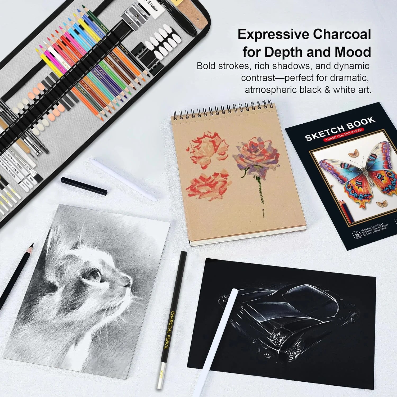 42/46/60/68/72/146pcs Drawing Supplies Sketching Set,Art Kit include Drawing & Colored Pencils.Pro Art Sketch Supplies