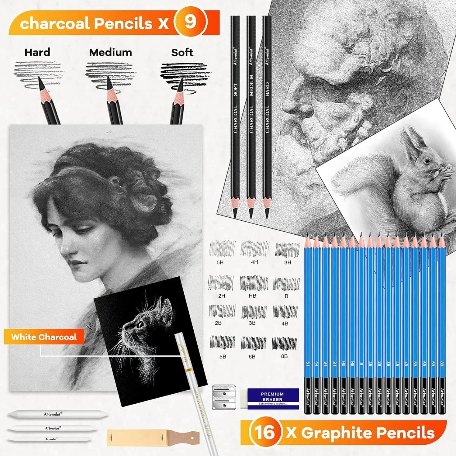 74 Art Set Drawing Supplies - Pro Sketching Kit for Artists Adults , Charcoal, Watercolor, Metallic Colored Pencils in Gift Case