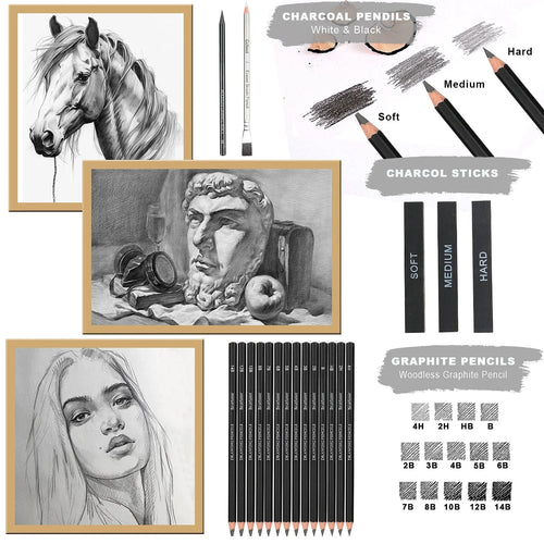 14-60 pcs Drawing Set Sketching Kit - Art Supplies,for Adults Artists with 3-Color Sketchbook,Graphite,Pastel,Charcoal Pencils
