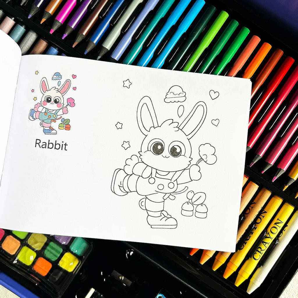 Cartoon Art Supplies,156 Pack Painting Drawing Art Kit ,Deluxe Double Layers Art Set Tool,Colored Pencils,Oil Pastels,Watercolor