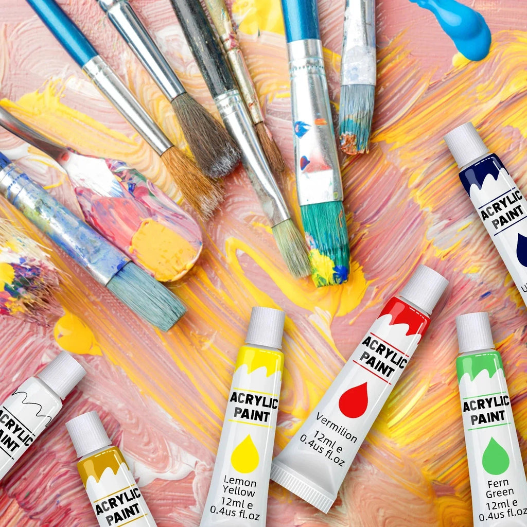 Acrylic Paints Set - 12/24 Colors 12ml Art Painting Kit Supplies for Wood, Canvas, Fabric, Rock, Glass - Non-Toxic Acrylic Paint