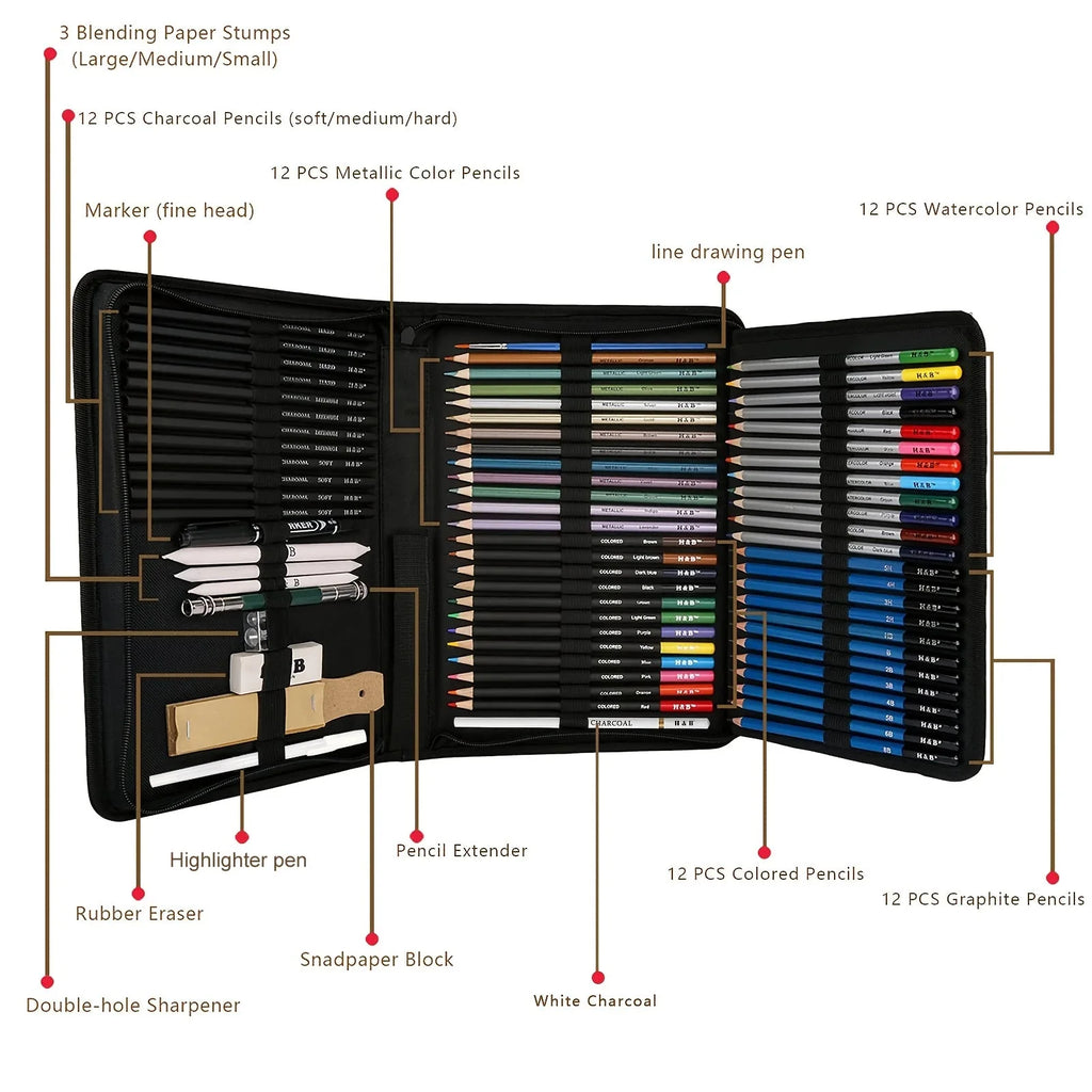 42/46/60/68/72/146pcs Drawing Supplies Sketching Set,Art Kit include Drawing & Colored Pencils.Pro Art Sketch Supplies